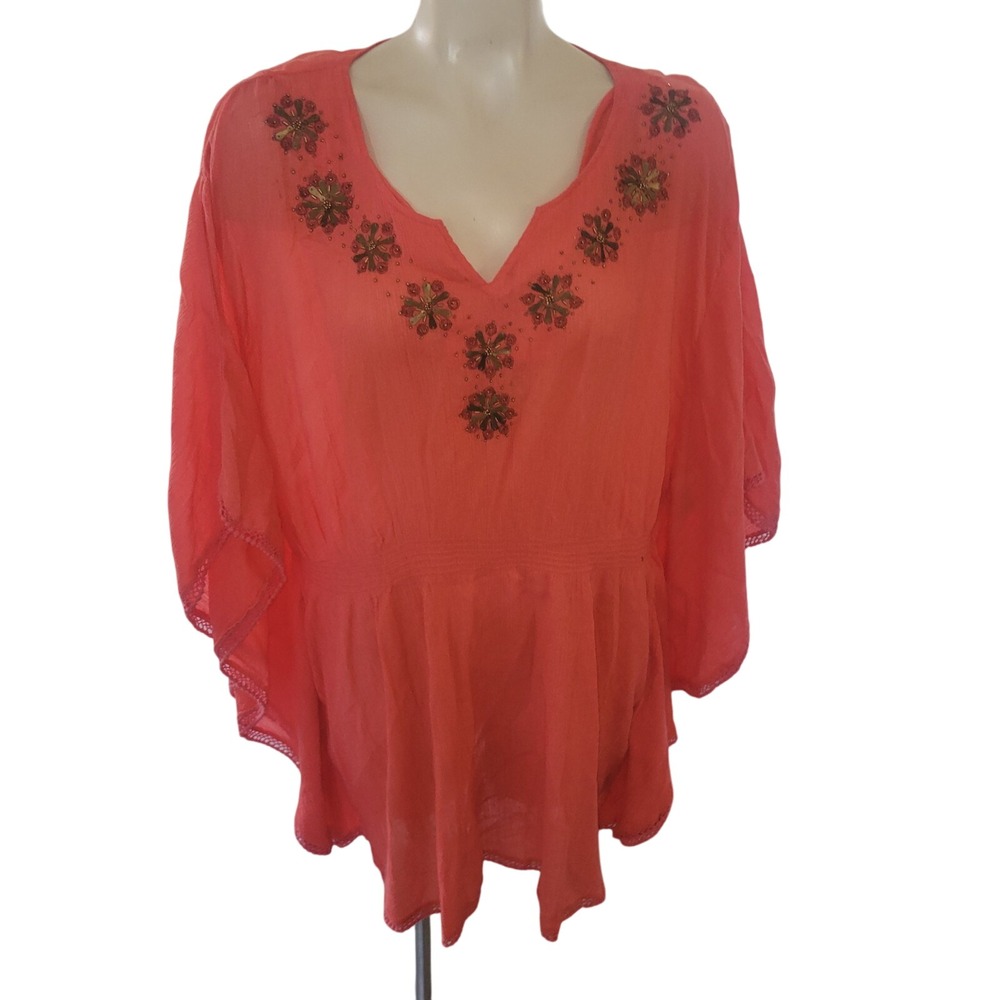 Style & Co. Woman 2X Coral Cotton Beaded Butterfly Sleeve Kaftan Blouse Top